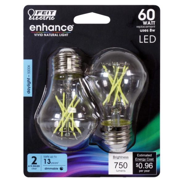 Feit Electric Enhance A15 E26 (Medium) Filament LED Bulb Daylight 60 Watt Equivalence 2 pk