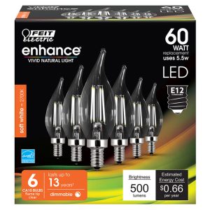 Feit Electric Enhance CA10 E12 (Candelabra) Filament LED Bulb Soft White 60 Watt Equivalence 6 pk