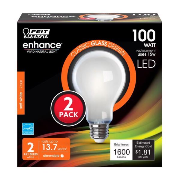 Feit Electric A21 E26 (Medium) Filament LED Bulb Soft White 100 Watt Equivalence 2 pk