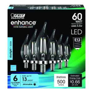 Feit Electric Enhance CA10 E12 (Candelabra) Filament LED Bulb Daylight 60 Watt Equivalence 6 pk